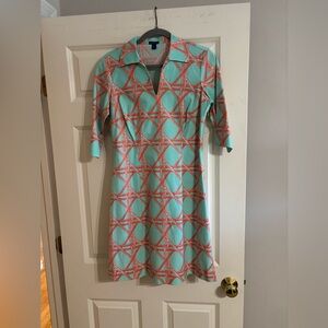 J. McLaughlin Aqua Dress with Coral Geometric Print